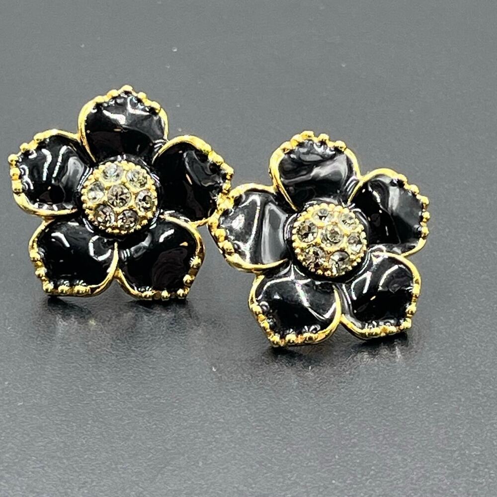 Kate Spade NY Black‎ Enamel Pave Center Gold Plated Flower Stud Pierced Earrings